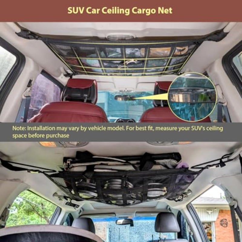 Upgrade Car Ceilg Cargo Net Pocket, "" Double-Layer Roof Storage Organizer, Overhead Net for SUV and Van Campg, Travel Road Trips, Van Life Essentials, Fit 4 Handle Vehicles - Image 3