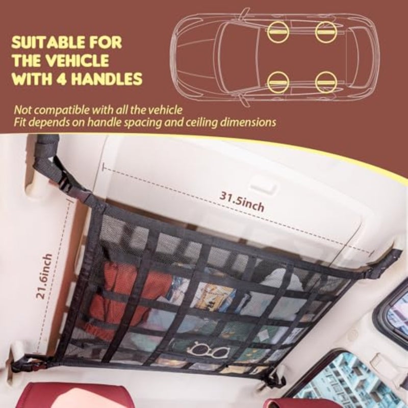 Upgrade Car Ceilg Cargo Net Pocket, "" Double-Layer Roof Storage Organizer, Overhead Net for SUV and Van Campg, Travel Road Trips, Van Life Essentials, Fit 4 Handle Vehicles - Image 2