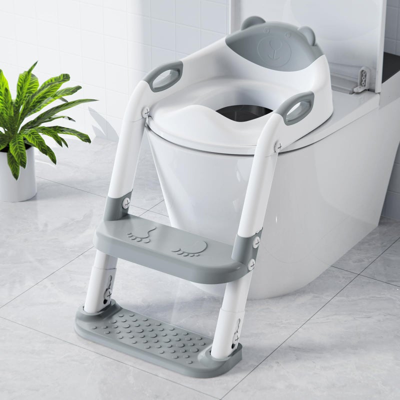 SKYROKU SKYROKU Toilet Potty Training Seat with Step Stool Ladder Toddler Potty Seat for Kids and Toddler Boys Girls Splash Guard and Safety HandlesGrey 