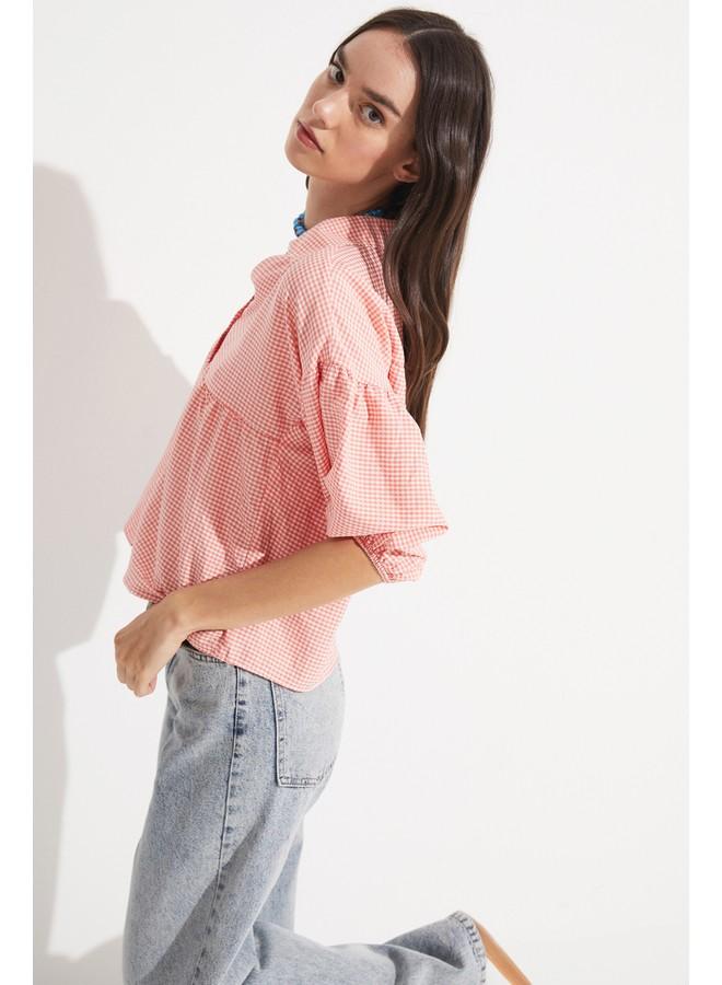 June Women V Neck Potikare Patterned Shirt Orange - Image 4