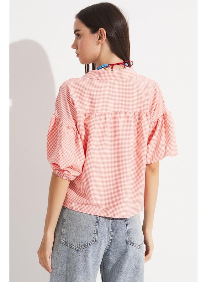 June Women V Neck Potikare Patterned Shirt Orange - Image 5