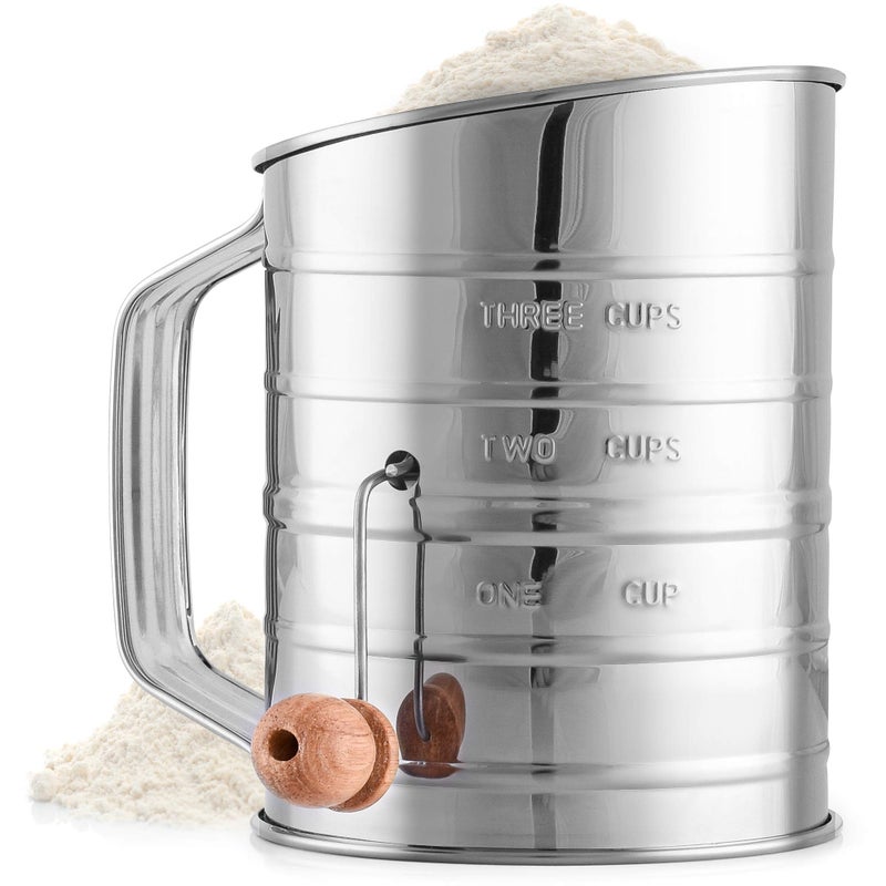 Zulay Kitchen Zulay 3 Cup Stainless Steel Flour Sifter  Fine Mesh Rotary Hand Crank Flour Sifter with Agitator Wire Loop For Baking Cakes Pastries Pies Cupcakes and Desserts 