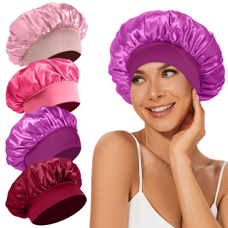 LEADUWAY 4Pcs Satin Bonnet Silk Bonnet, Hair Bonnet for Sleeping, Elastic Wide Band Silk Sleep Cap, Shower Cap Soft and Breathable (Red Series) - Image 1