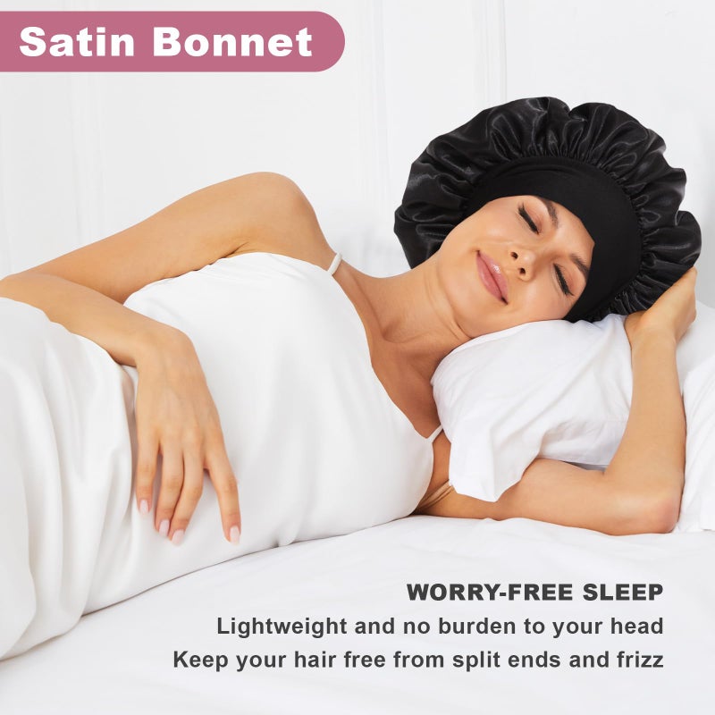 LEADUWAY 4Pcs Satin Bonnet Silk Bonnet, Hair Bonnet for Sleeping, Elastic Wide Band Silk Sleep Cap, Shower Cap Soft and Breathable (Red Series) - Image 2