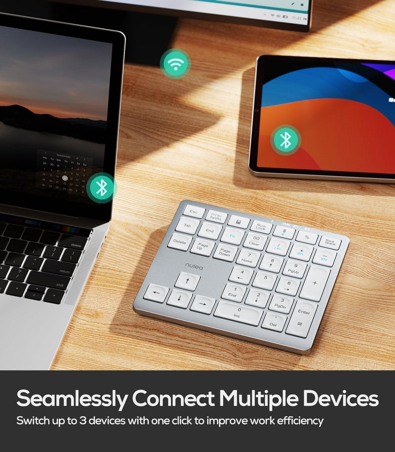 Nulea Wireless Number Pad Bluetooth 5.0 & 2.4G Portable Numeric Keyboard, USB-C Rechargeable, 34-Keys Bluetooth Keyboard for Data Entry (Silvery White) - Image 2