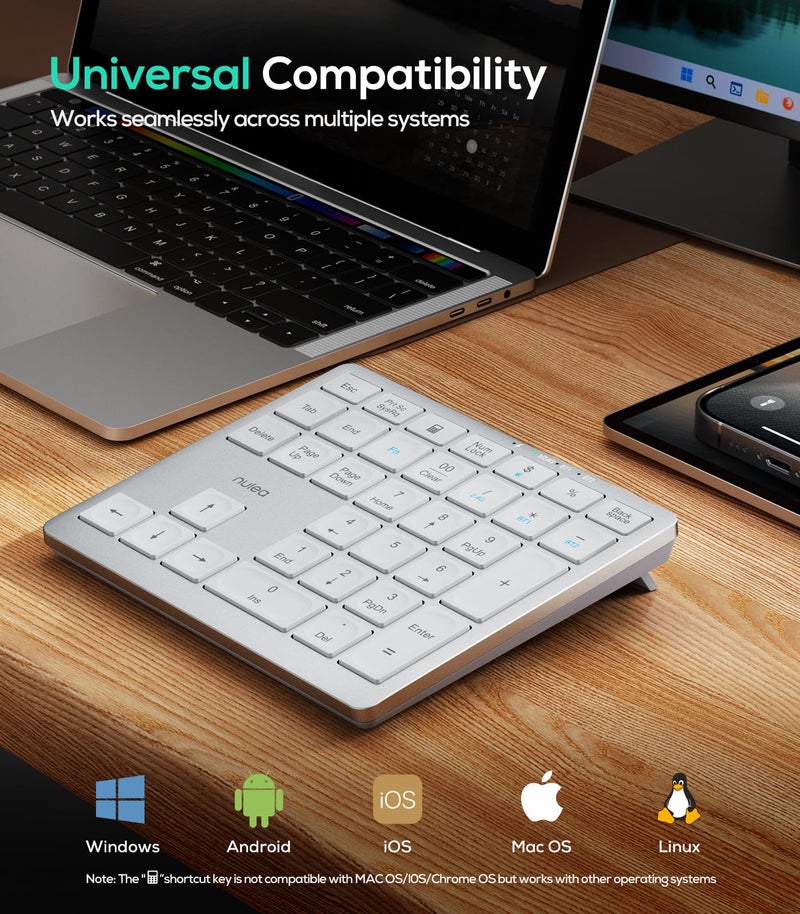 Nulea Wireless Number Pad Bluetooth 5.0 & 2.4G Portable Numeric Keyboard, USB-C Rechargeable, 34-Keys Bluetooth Keyboard for Data Entry (Silvery White) - Image 3