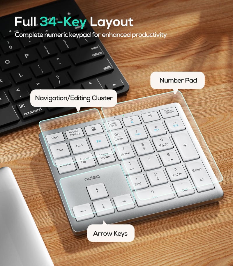 Nulea Wireless Number Pad Bluetooth 5.0 & 2.4G Portable Numeric Keyboard, USB-C Rechargeable, 34-Keys Bluetooth Keyboard for Data Entry (Silvery White) - Image 5