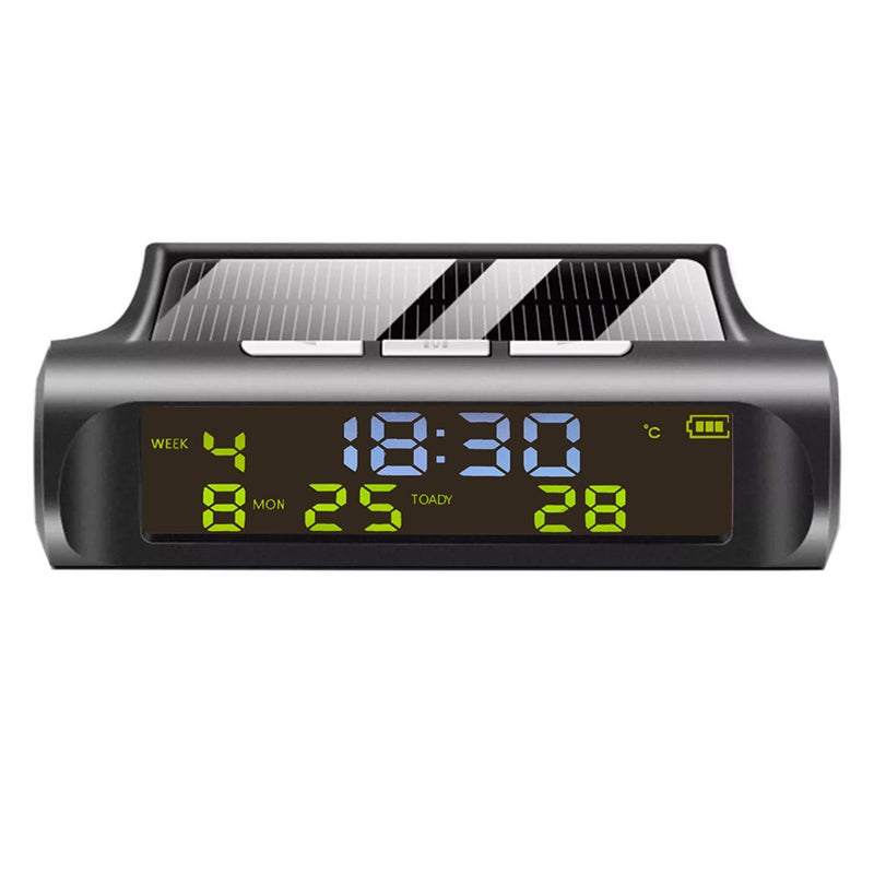 Digital car clock, portable, self-adhesive, portable, used for cars, cars, solar energy, date, temperature, LCD display screen, no wiring required, 3-in-1 digital display screen - Image 1