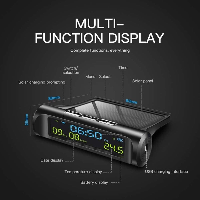 Digital car clock, portable, self-adhesive, portable, used for cars, cars, solar energy, date, temperature, LCD display screen, no wiring required, 3-in-1 digital display screen - Image 4