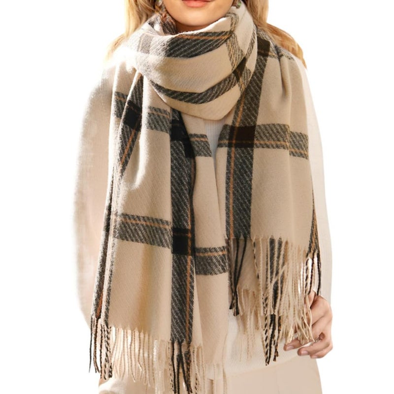 Mocasor Women's Plaid Blanket Scarf Fall Winter Soft Warm Large Lattice Shawl Wraps Big Tartan Scarves for Ladies (Beige Black) - Image 1