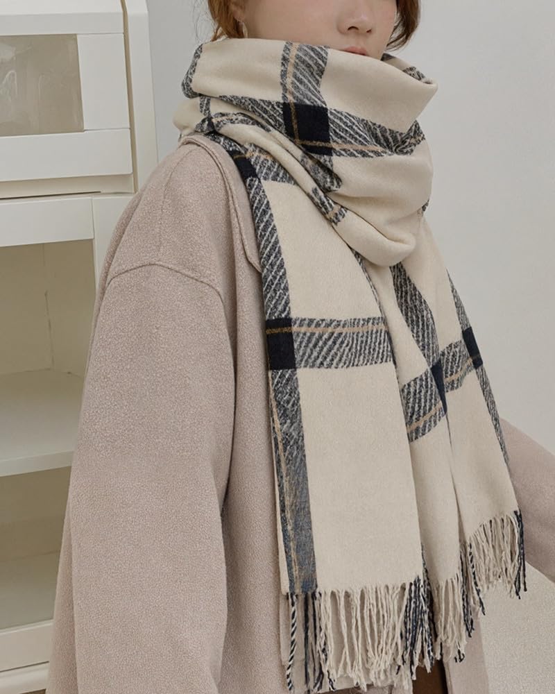 Mocasor Women's Plaid Blanket Scarf Fall Winter Soft Warm Large Lattice Shawl Wraps Big Tartan Scarves for Ladies (Beige Black) - Image 2