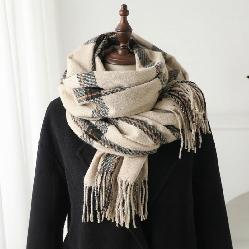 Mocasor Women's Plaid Blanket Scarf Fall Winter Soft Warm Large Lattice Shawl Wraps Big Tartan Scarves for Ladies (Beige Black) - Image 3