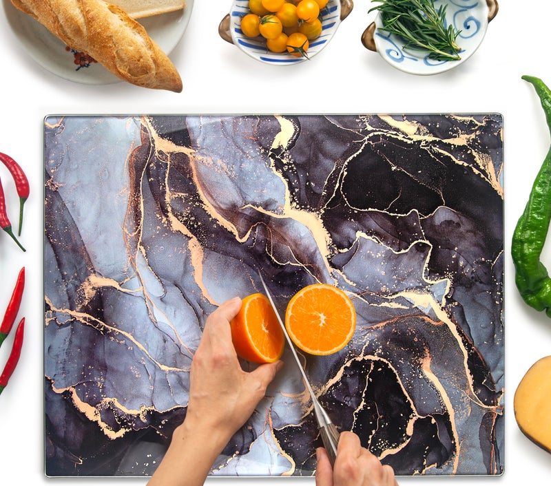 Kitchenville Glass Cutting Board 20â€x16â€: Tempered Glass Kitchen Counter Protector - Durable- Scratch-Resistant, Heat-Proof - Design 8 - Grey & Gold - Image 1