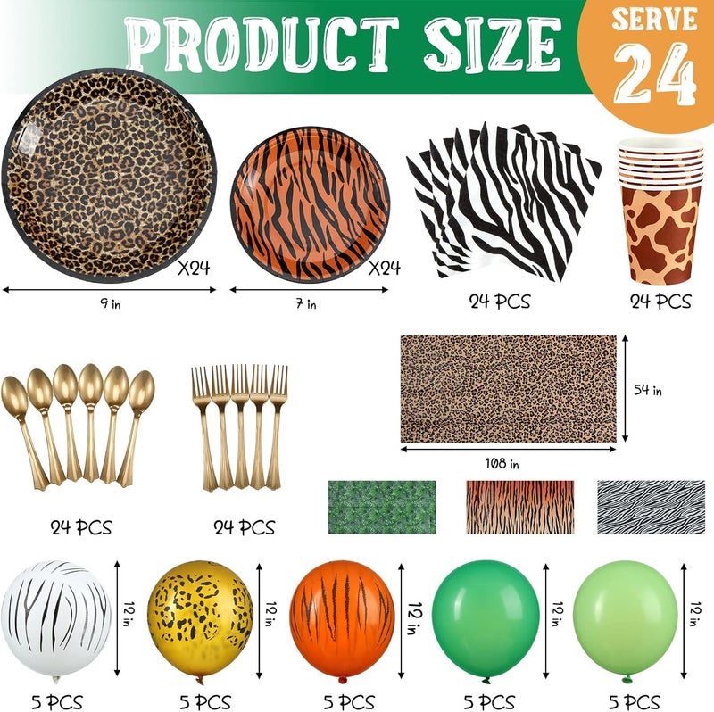 Jerify 169 قطعة لوازم حفلة عيد ميلاد بطباعة حيوانات حديقة السفاري تشمل أطباق ورقية، أكواب، مناديل، غطاء طاولة، بالونات، ملاعق وشوك وزينة حفلة - Image 2