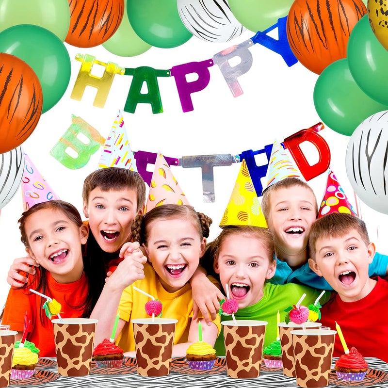 Jerify 169 قطعة لوازم حفلة عيد ميلاد بطباعة حيوانات حديقة السفاري تشمل أطباق ورقية، أكواب، مناديل، غطاء طاولة، بالونات، ملاعق وشوك وزينة حفلة - Image 4