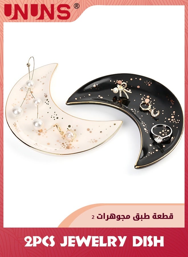 UNUNS Jewelry Dish,Moon Ring Dish Holder,White And Black,2PCS Ceramic Trinket Dish,Decorative Jewelry Plate Tray,Wedding Engagement Gift - Image 1