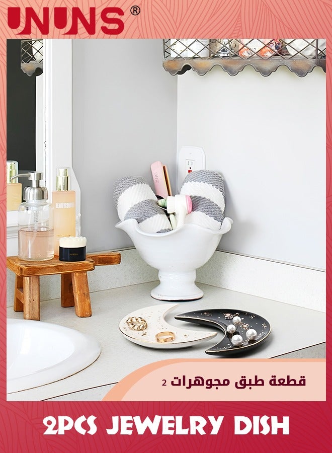 UNUNS Jewelry Dish,Moon Ring Dish Holder,White And Black,2PCS Ceramic Trinket Dish,Decorative Jewelry Plate Tray,Wedding Engagement Gift - Image 4