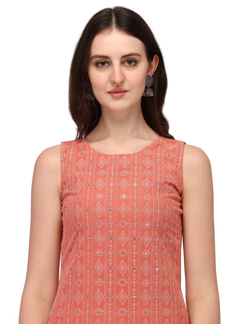 SHOPPING QUEEN Women's Georgette Chikankari Embroidered Kurta Palazzo Set (A306_Dusty Orange_2XL) - Image 4