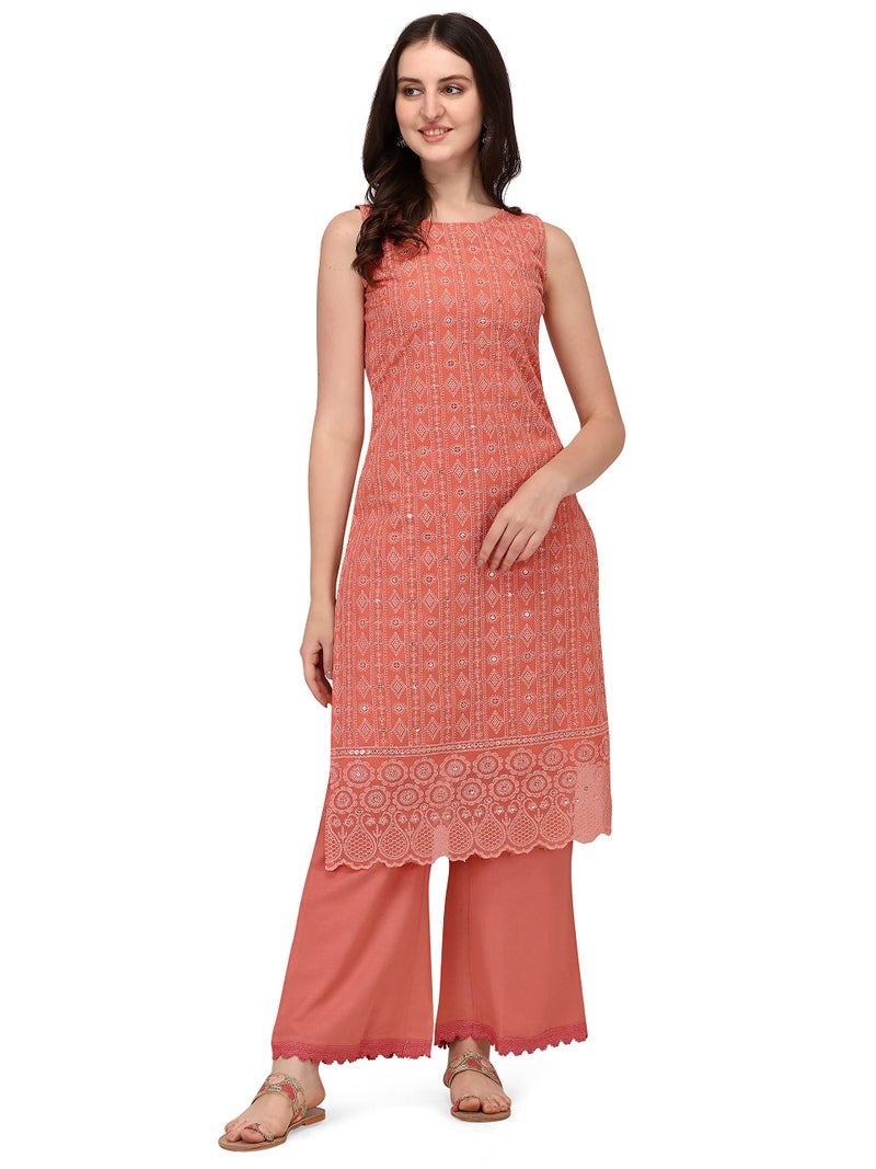 SHOPPING QUEEN Women's Georgette Chikankari Embroidered Kurta Palazzo Set (A306_Dusty Orange_2XL) - Image 1