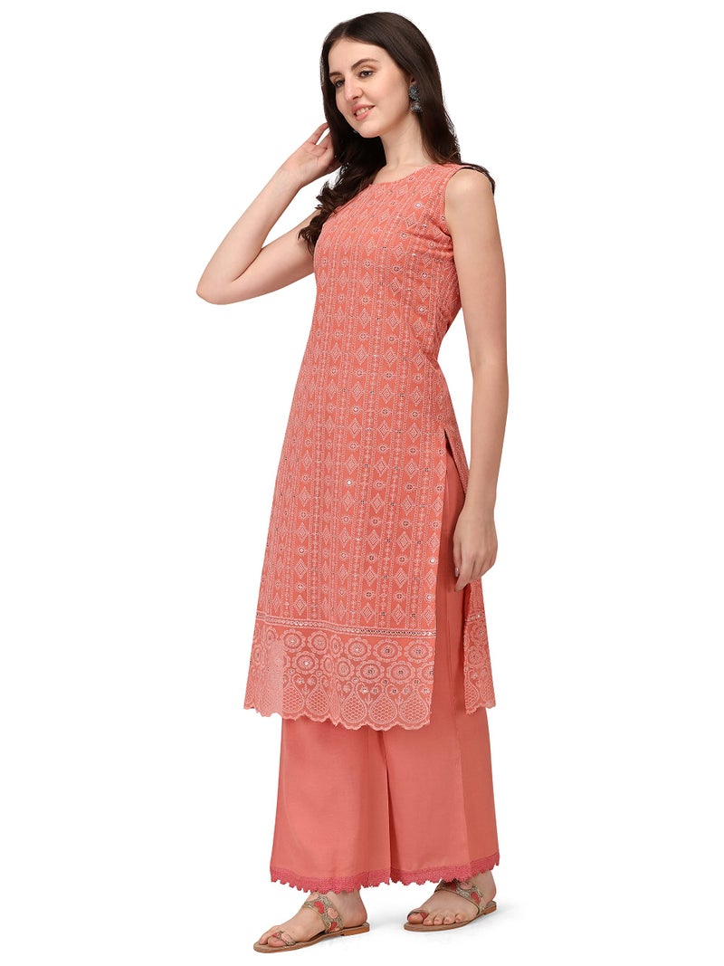 SHOPPING QUEEN Women's Georgette Chikankari Embroidered Kurta Palazzo Set (A306_Dusty Orange_2XL) - Image 3