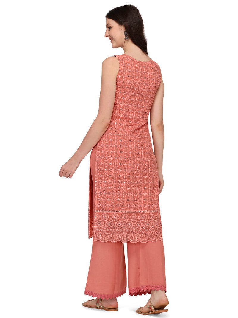 SHOPPING QUEEN Women's Georgette Chikankari Embroidered Kurta Palazzo Set (A306_Dusty Orange_2XL) - Image 2