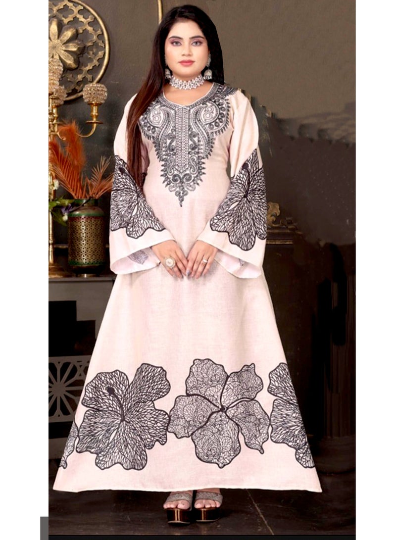 زينة جلابية قفطان أنيقة بمزيج الفيسكوز - تطريز زهور أسود - أكمام جرس واسعة - فستان ماكسي محتشم - Image 1