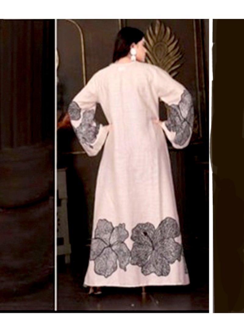 زينة جلابية قفطان أنيقة بمزيج الفيسكوز - تطريز زهور أسود - أكمام جرس واسعة - فستان ماكسي محتشم - Image 3