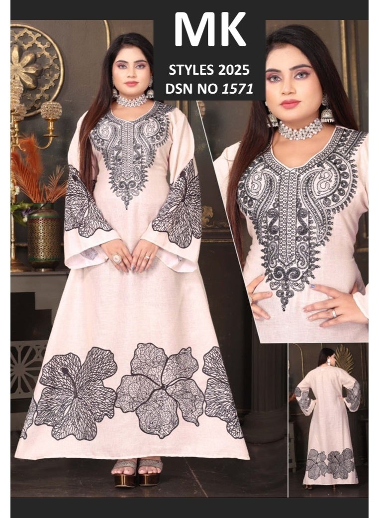 زينة جلابية قفطان أنيقة بمزيج الفيسكوز - تطريز زهور أسود - أكمام جرس واسعة - فستان ماكسي محتشم - Image 4