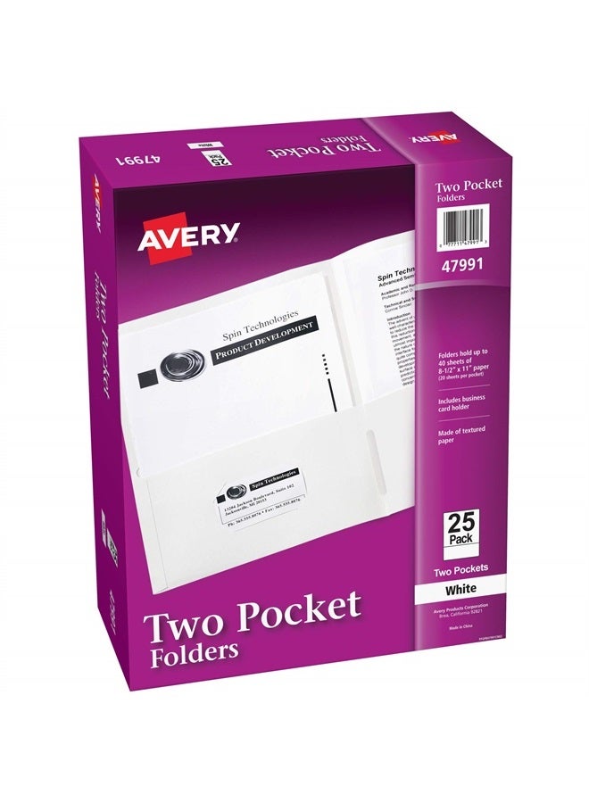 Two Pocket Folders, Holds up to 40 Sheets, Business Card Slot, 25 White Folders (47991)