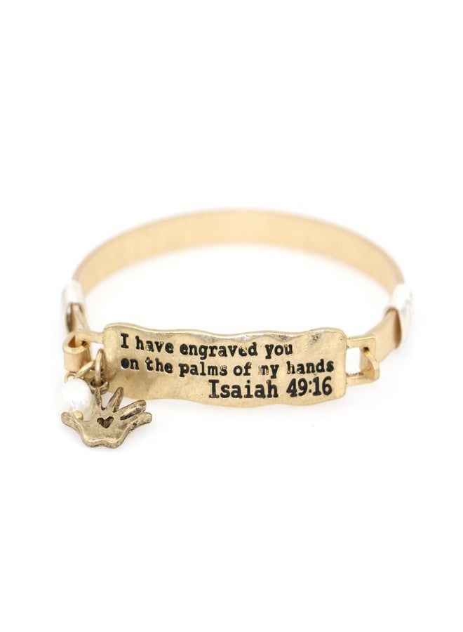 Wonderent “I Have Engraved You in The Palms of My Hands” Isaiah 49:16 Handmade Beautiful Christian Bangle Bracelet with Wire Design and Hand Heart Charm and Bead (Worn Gold) - Image 1