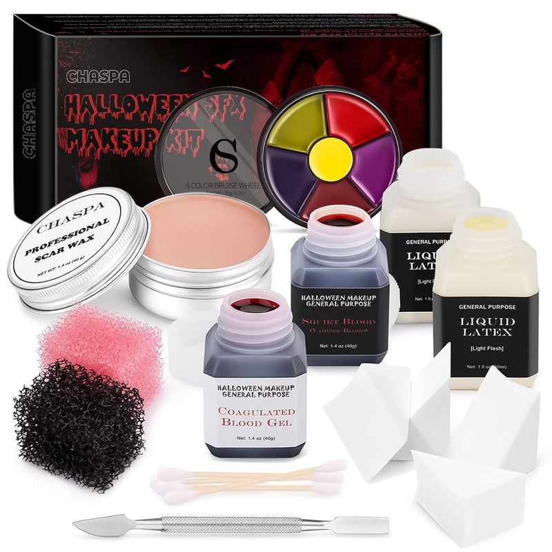CHASPA CHASPA Halloween Liquid Latex Special Effects SFX Makeup Kit - Scar Wax + 2 Btl Liquid Latex + 2 Btl Fake Blood + Spatula Tool + 2Pcs Stipple Sponge + 4Pcs Makeup Sponges + Cotton Swabs