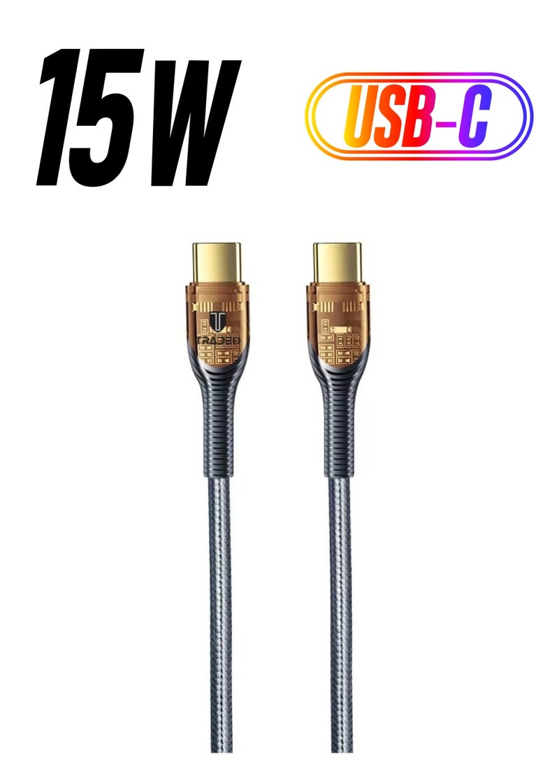 Tradeo - 12-24V Transparent Fast Charger Data Cable 5V 3A Fast charging Length1m, OD- 3.5 mm Material Nylon Braided + Alu, Certificate -CE, Rohs, FCC chargers for iphone USB Cable. (C -C) - Image 1