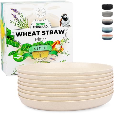 Grow Forward Premium Wheat Straw Plates  10 Inch Reusable Hard Plastic Dinner Plates Set of 8  Unbreakable Microwave Safe Plates for Dessert Camping RV Outdoors Patio Kitchen Dishes  Sahara
