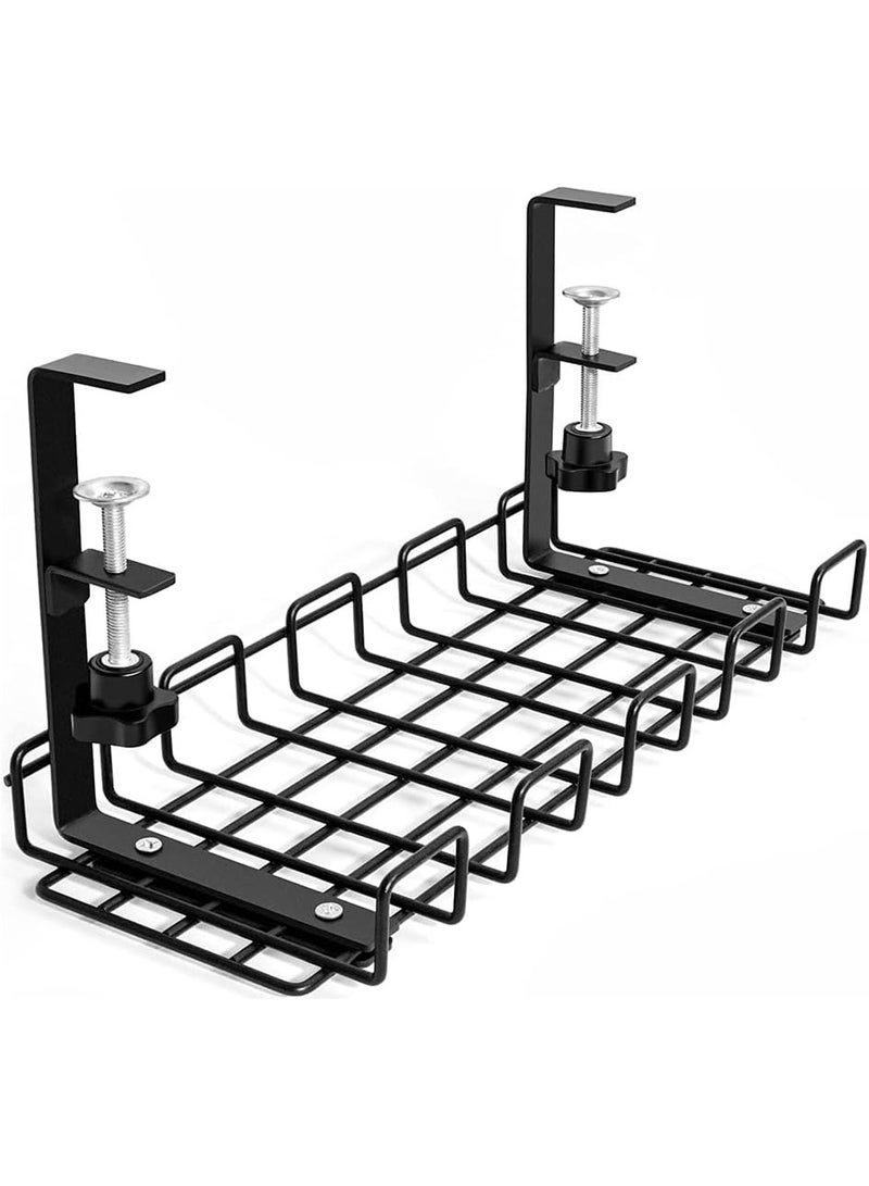 16” Under Desk Cable Management Tray, No Drill Steel Cable Tray Organizers, Wire Management Tray Cable Rack with Clamp Mount, Metal Under Desk Tray with Wire and Cord Organizer (Black, 1 Pack) - Image 1
