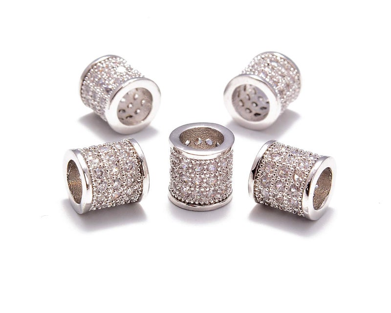 AD Beads Zircon Pave Rhinestones Tube Beads for Bracelet Connector Spacer Beads 5 Pcs Clear on Silver Tube Beads 8x8mm