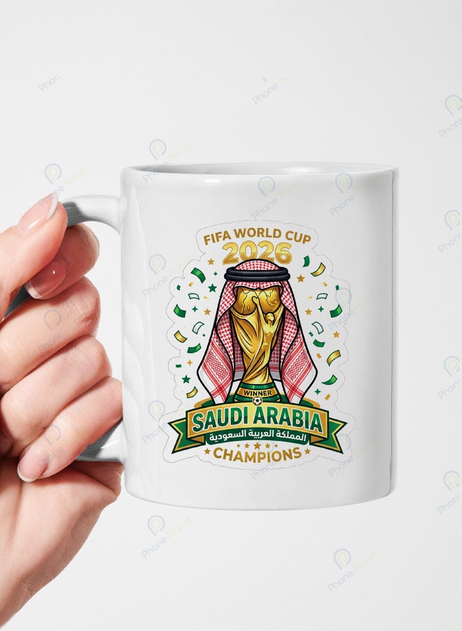 كوب مطبوع عليه عبارة المملكة العربية السعودية لكأس العالم 2026 مج للشاي والقهوة بمقبض مريح