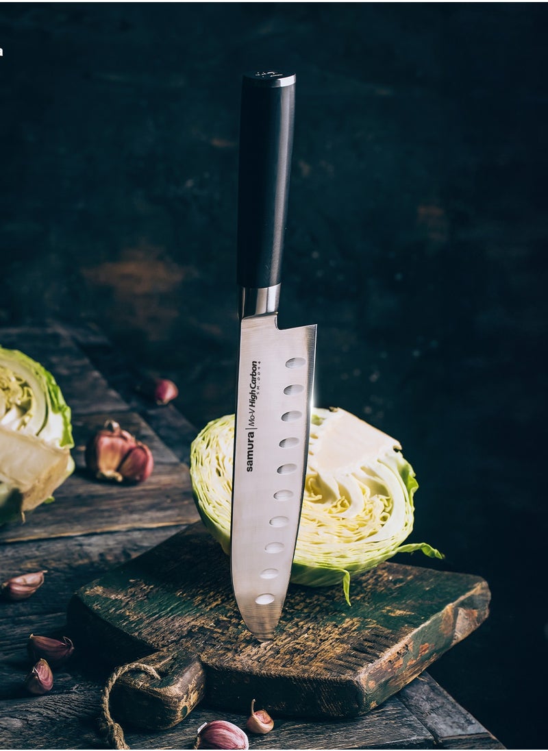 Samura Samura MO-V Santoku Knife Hollow Ground | 7 Inch Blade | G-10 Handle with Stainless Steel Bolster | Single-Layer Molybdenum-Vanadium Steel | Precision Cutting | Corrosion Resistant  - Image 5