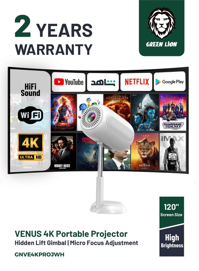 GREEN LION VENUS 4K Portable Projector/ High Brightness/ 120" Screen/ HD & 3D/ Wireless/Wired Screen Mirroring/ HiFi Sound Quality and More for Home Entertainment, Movies, Business & Education - White - Image 1