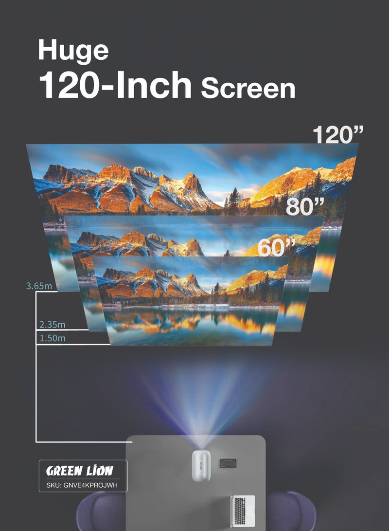 GREEN LION VENUS 4K Portable Projector/ High Brightness/ 120" Screen/ HD & 3D/ Wireless/Wired Screen Mirroring/ HiFi Sound Quality and More for Home Entertainment, Movies, Business & Education - White - Image 4