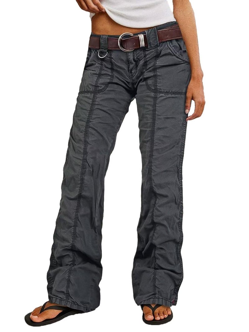 Flamingals Straight Leg Pants for Women Mid Rise Casual Cargo Solid Patch Pockets Stitch Detail Pants Dark Gray S - Image 1