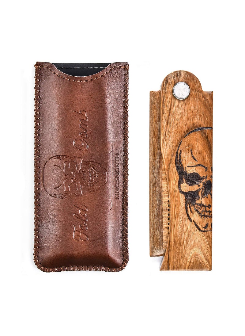 menesia Menesia Mens Pocket Folding Wooden Beard Comb with Leather Travel CaseGreen Sandalwood Hair Combs Set for Men Skeleton 