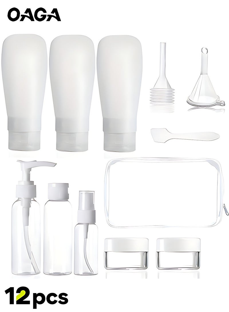 OAGA 12 Pack Travel Bottles Set, Tsa Approved Travel Size for Toiletries with Travel Bag, Leak Proof BPA Free Squeezable Travel Containers for Shampoo, Conditioner, Lotion (White) - Image 1