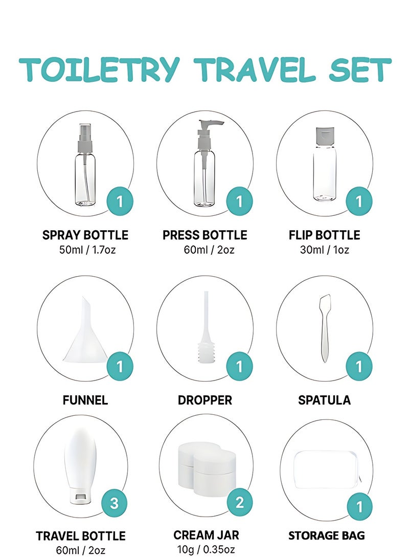 OAGA 12 Pack Travel Bottles Set, Tsa Approved Travel Size for Toiletries with Travel Bag, Leak Proof BPA Free Squeezable Travel Containers for Shampoo, Conditioner, Lotion (White) - Image 2