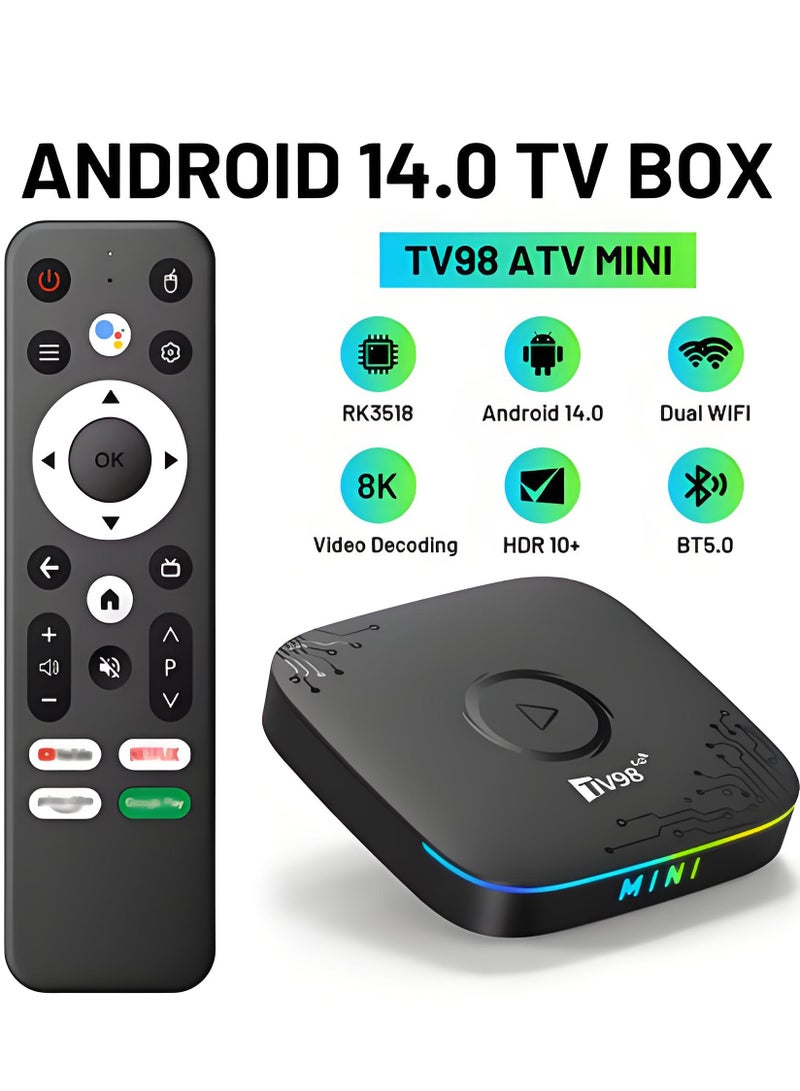 تلفزيون TV98 ATV MINI TV Box Android 14 Real 4K 8K Transpeed USB 3.0 BT 5.0 رباعي النواة RK3518 مزدوج واي فاي 6 صوت مسرح منزلي ذكي عن بعد 2 + 32 جيجا بايت - Image 1