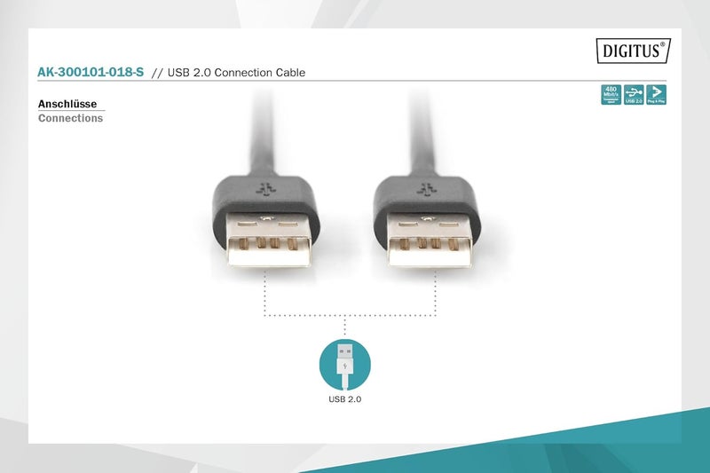 DIGITUS 1.8m Length USB 2.0 Connection Cable A Male - A Male - Black - Image 2