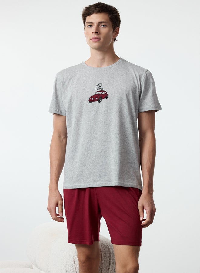 trendyol Gray - Claret Red Regular Fit Embroidered Knitted 3 Piece Pajama Set - Image 4