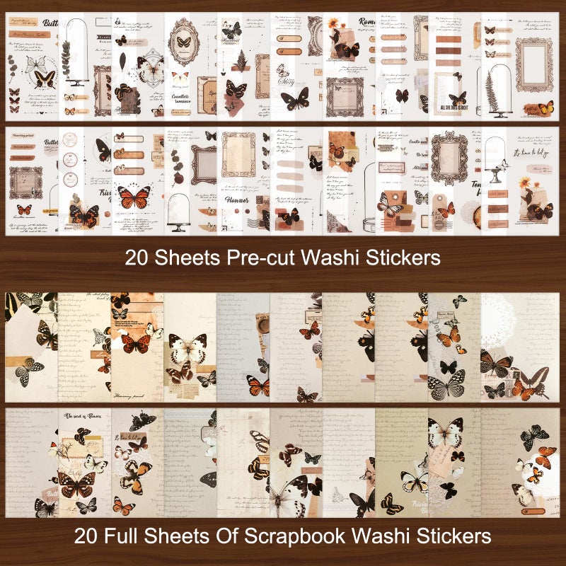 Dizdkizd Washi Stickers for Journaling, Vintage Ephemera Book for Scrapbooking with 180pcs Butterfly Stickers and 20 Sheets Adhesive Scrapbook Papers, Junk Journal Supplies - Image 2