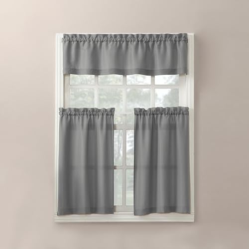 No. 918 Martine Microfiber Semi-Sheer Rod Pocket Kitchen Curtain Valance and Tiers Set, 54" x 36", Gray - Image 4