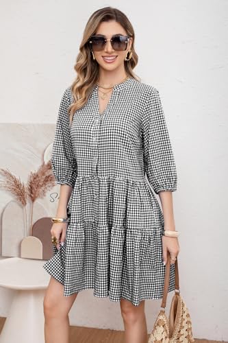 utcoco Women's 2026 Spring Summer Plaid Shirt Dress 3/4 Puff Sleeve Button Down Loose Casual Midi Dress with Pockets (Large, Black) - Image 5