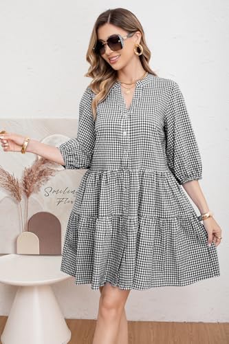 utcoco Women's 2026 Spring Summer Plaid Shirt Dress 3/4 Puff Sleeve Button Down Loose Casual Midi Dress with Pockets (Large, Black) - Image 2